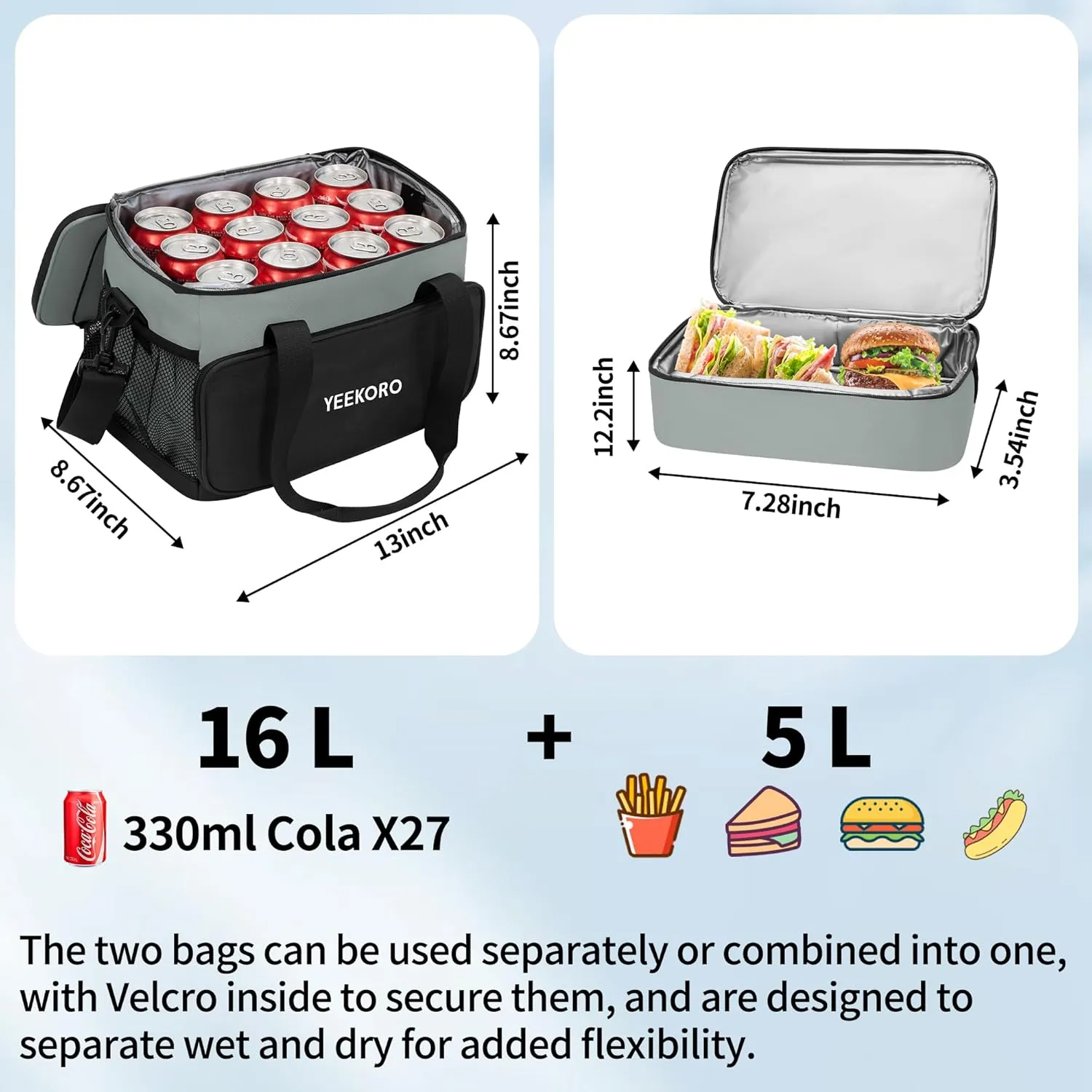 Cooler Bag, 16L 5L Insulated Lunch Box, Double Cooler Bag with Adjustable Shoulder Strap for Men & Women, Leakproof Lunch Cooler Ideal for Work Picnic Travel Shifts Daytrip