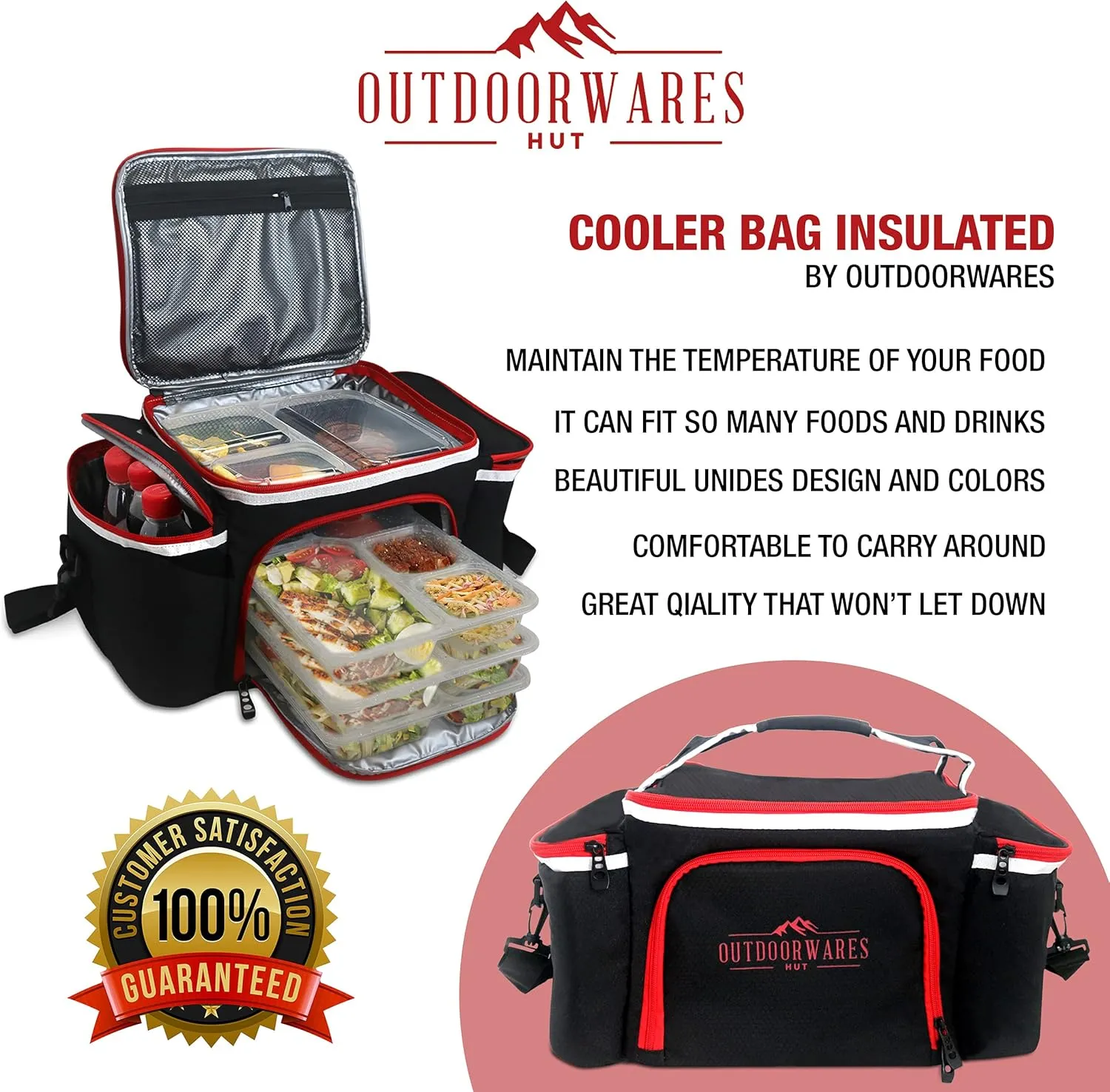 Cooler Bag Insulated by Outdoorwares Large Capacity Durable, to Keep Foods and Drinks in The Right Temperature - Good for Travel, Picnic, Beach Hiking, Camping ETC.(Containers Not Included) Black Red