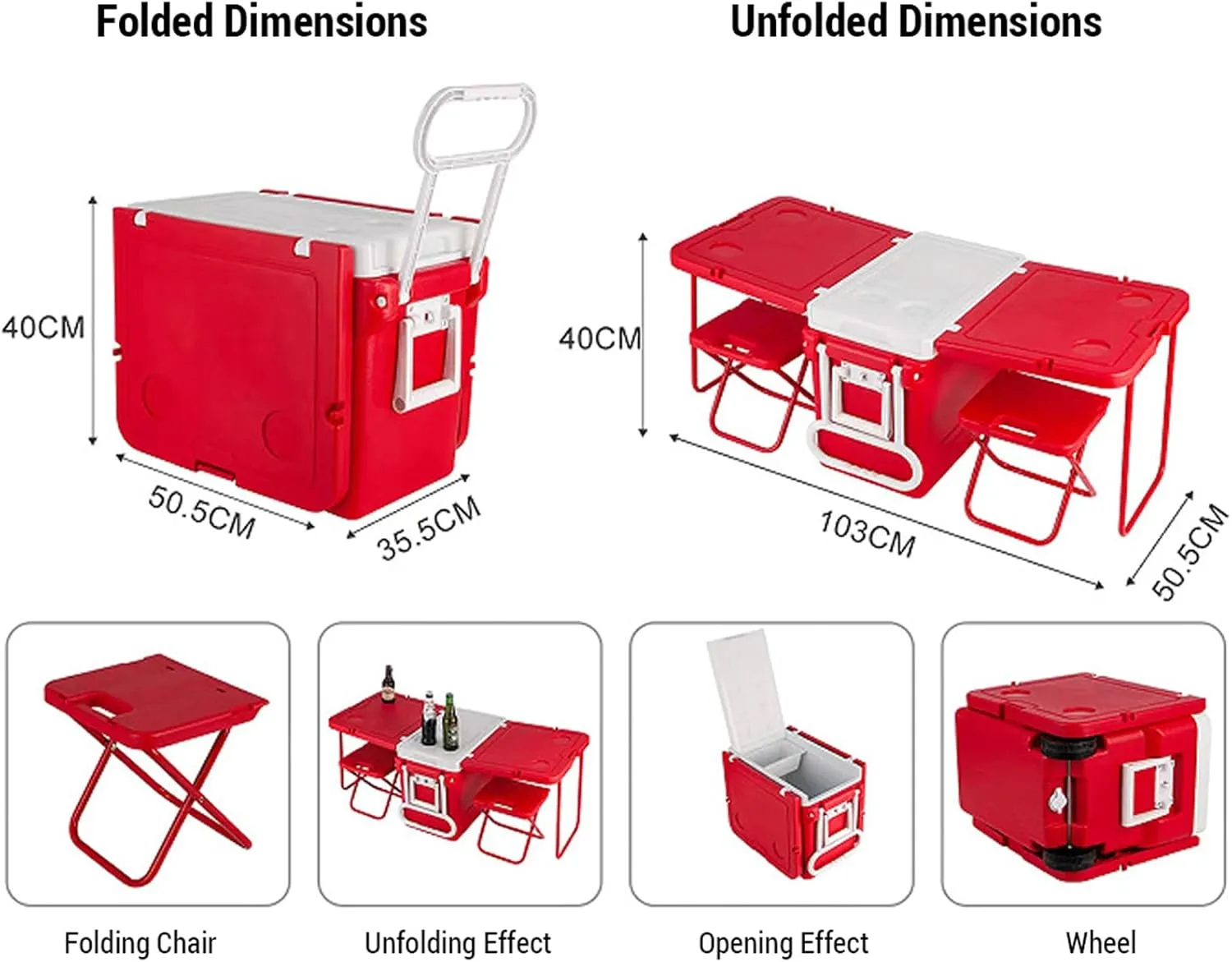 Cooler Camping Heat Insulation Box for Beach, Park or Backyard Party Wide Wheels Foldable Stool & Table Included