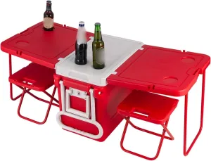 Cooler Camping Heat Insulation Box for Beach, Park or Backyard Party Wide Wheels Foldable Stool & Table Included