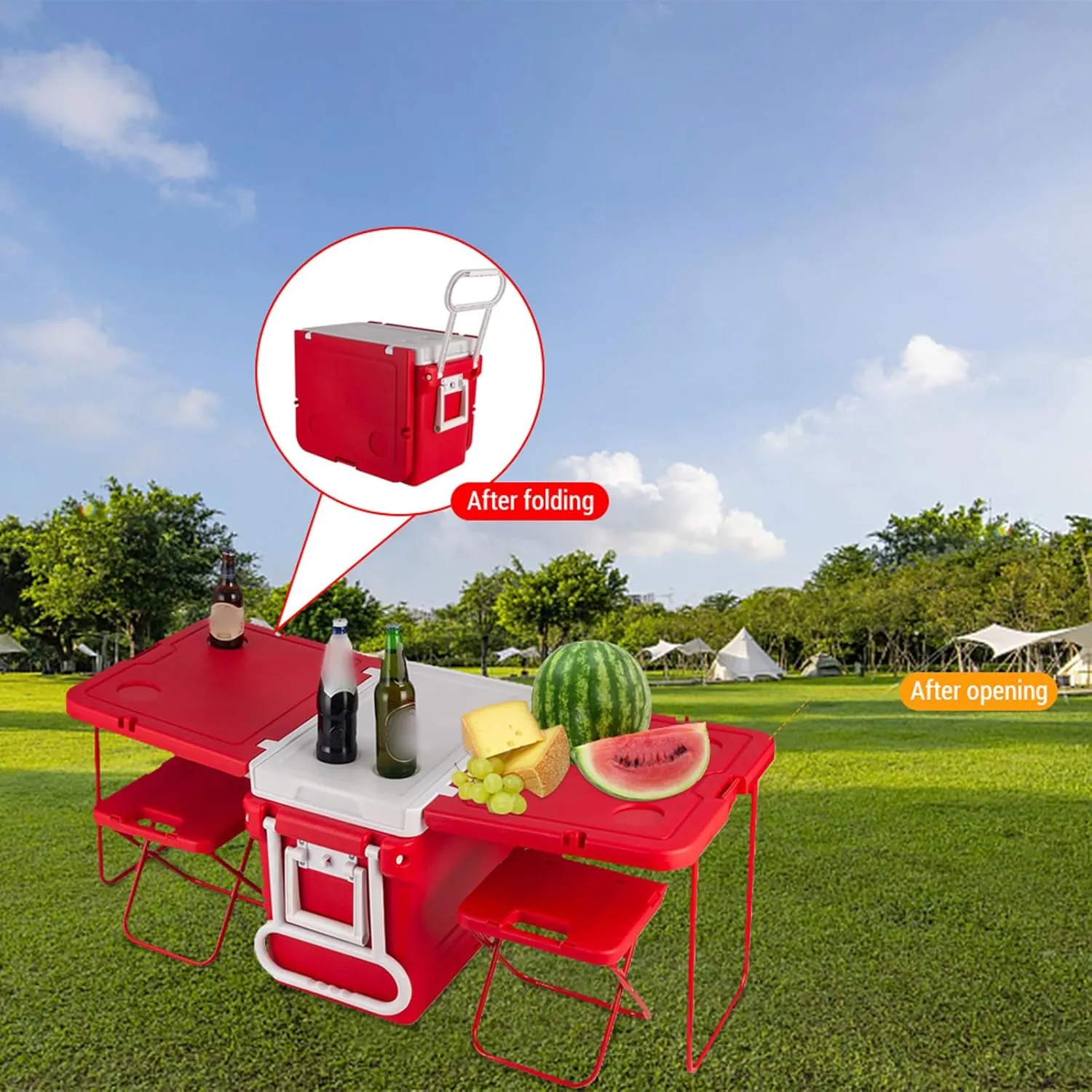 Cooler Camping Heat Insulation Box for Beach, Park or Backyard Party Wide Wheels Foldable Stool & Table Included