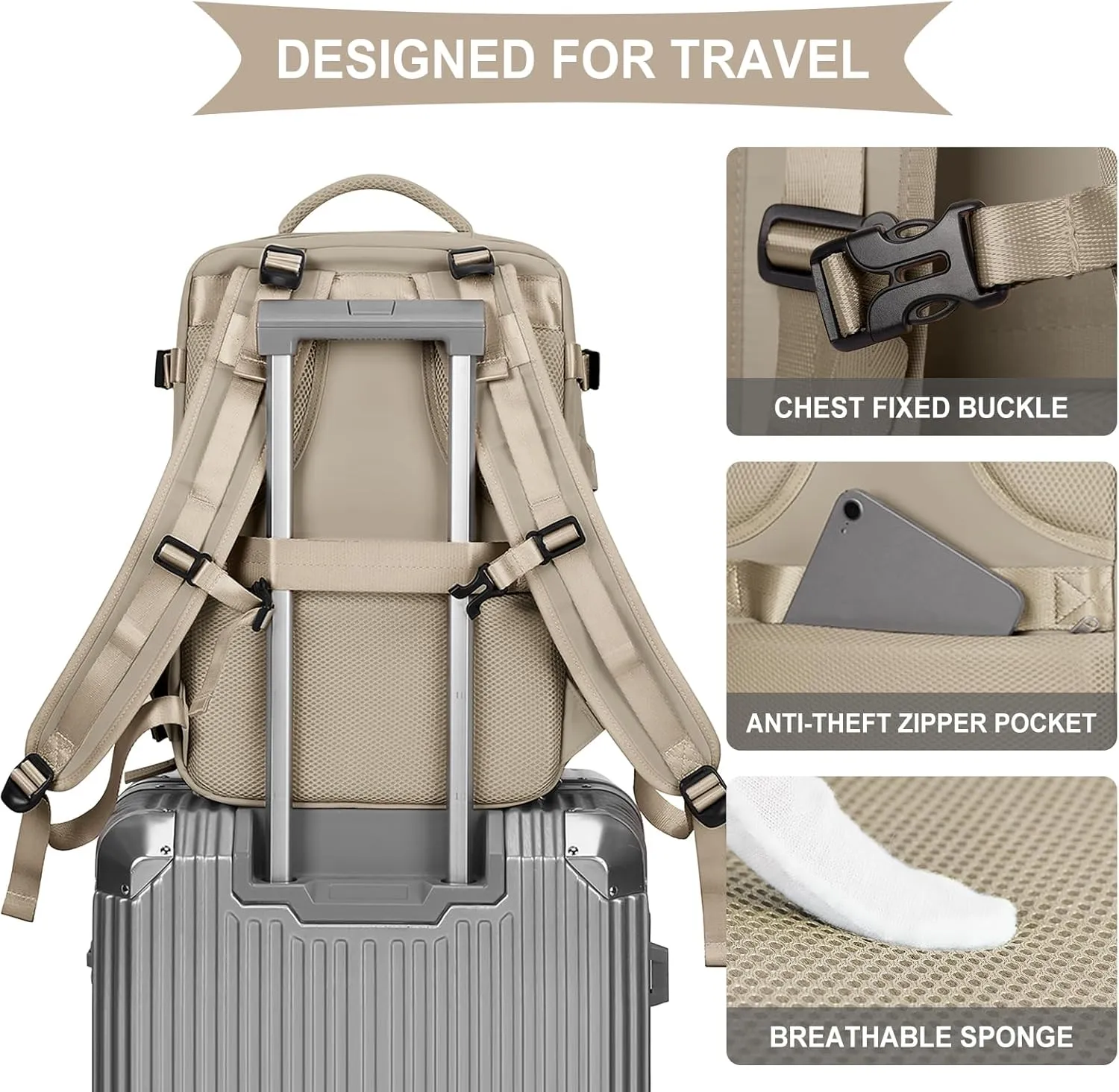 coowoz Large Travel Backpack For Women Men,Carry On Backpack,Hiking Backpack Waterproof Outdoor Sports Rucksack Casual Daypack travel essentials（Khaki）
