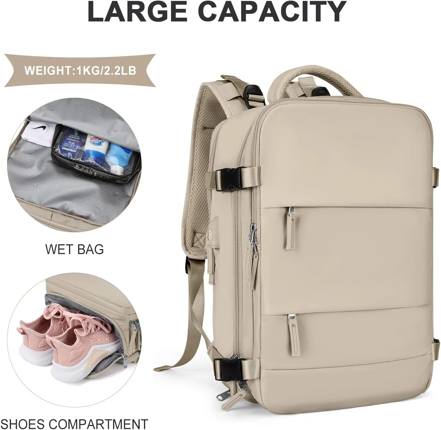 coowoz Large Travel Backpack For Women Men,Carry On Backpack,Hiking Backpack Waterproof Outdoor Sports Rucksack Casual Daypack travel essentials（Khaki）