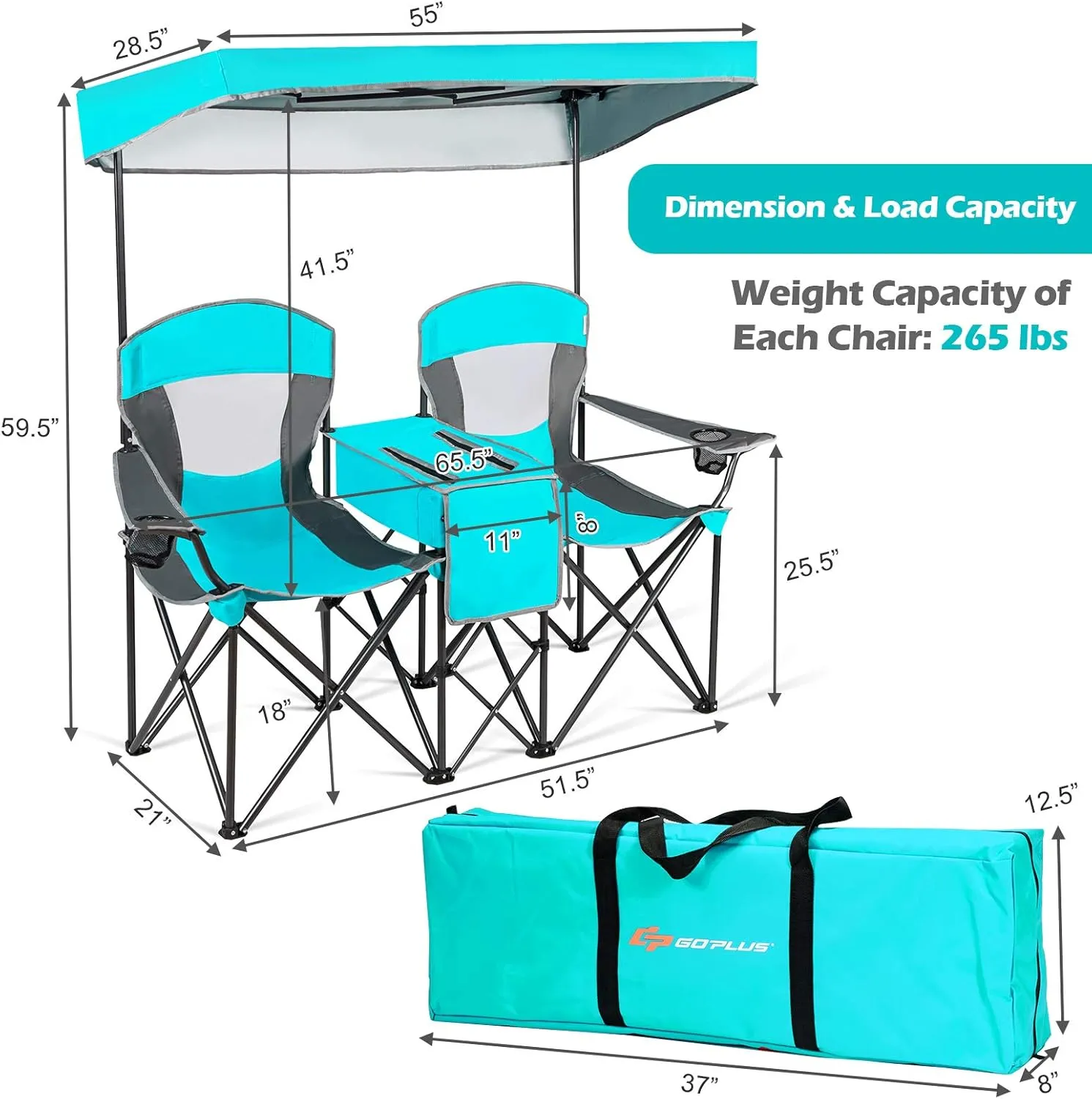 COSTWAY Double Camping Chair, Portable Camping Chair with Canopy, Cup Holder, Iced Bag, Storage Bag, Carrying Bag, Folding Loveseat Camping Chair for Adults, Outdoors Sport, Turquoise