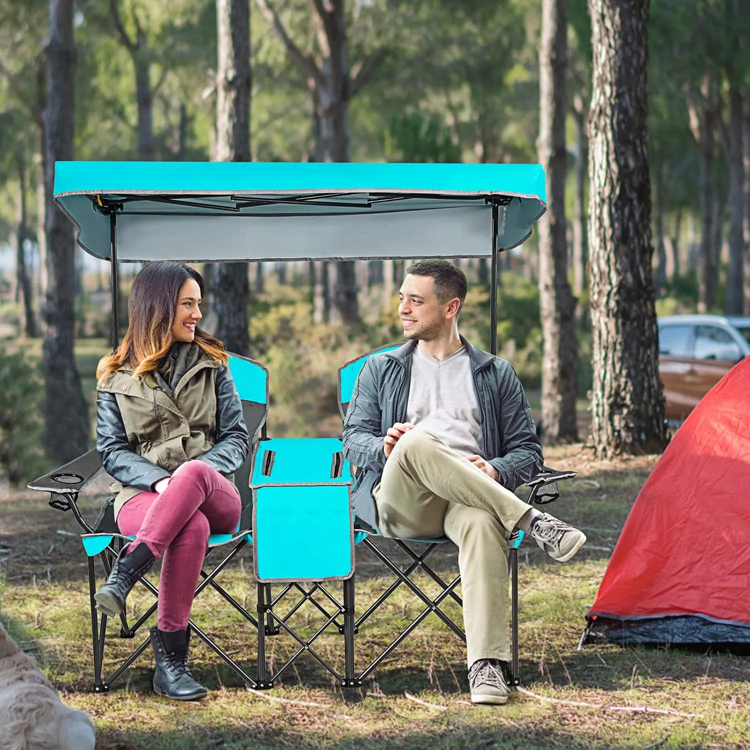 COSTWAY Double Camping Chair, Portable Camping Chair with Canopy, Cup Holder, Iced Bag, Storage Bag, Carrying Bag, Folding Loveseat Camping Chair for Adults, Outdoors Sport, Turquoise