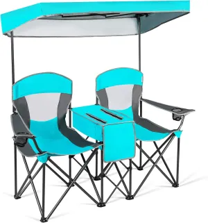COSTWAY Double Camping Chair, Portable Camping Chair with Canopy, Cup Holder, Iced Bag, Storage Bag, Carrying Bag, Folding Loveseat Camping Chair for Adults, Outdoors Sport, Turquoise