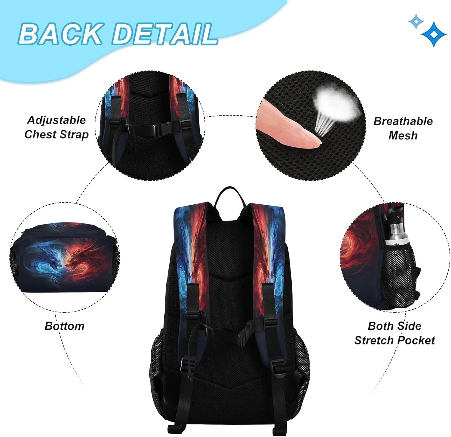Couple Dragon Ice Fire Backpack for Kids Lightweight Travel Schoolbags with Lunch Box Set, A01E23037