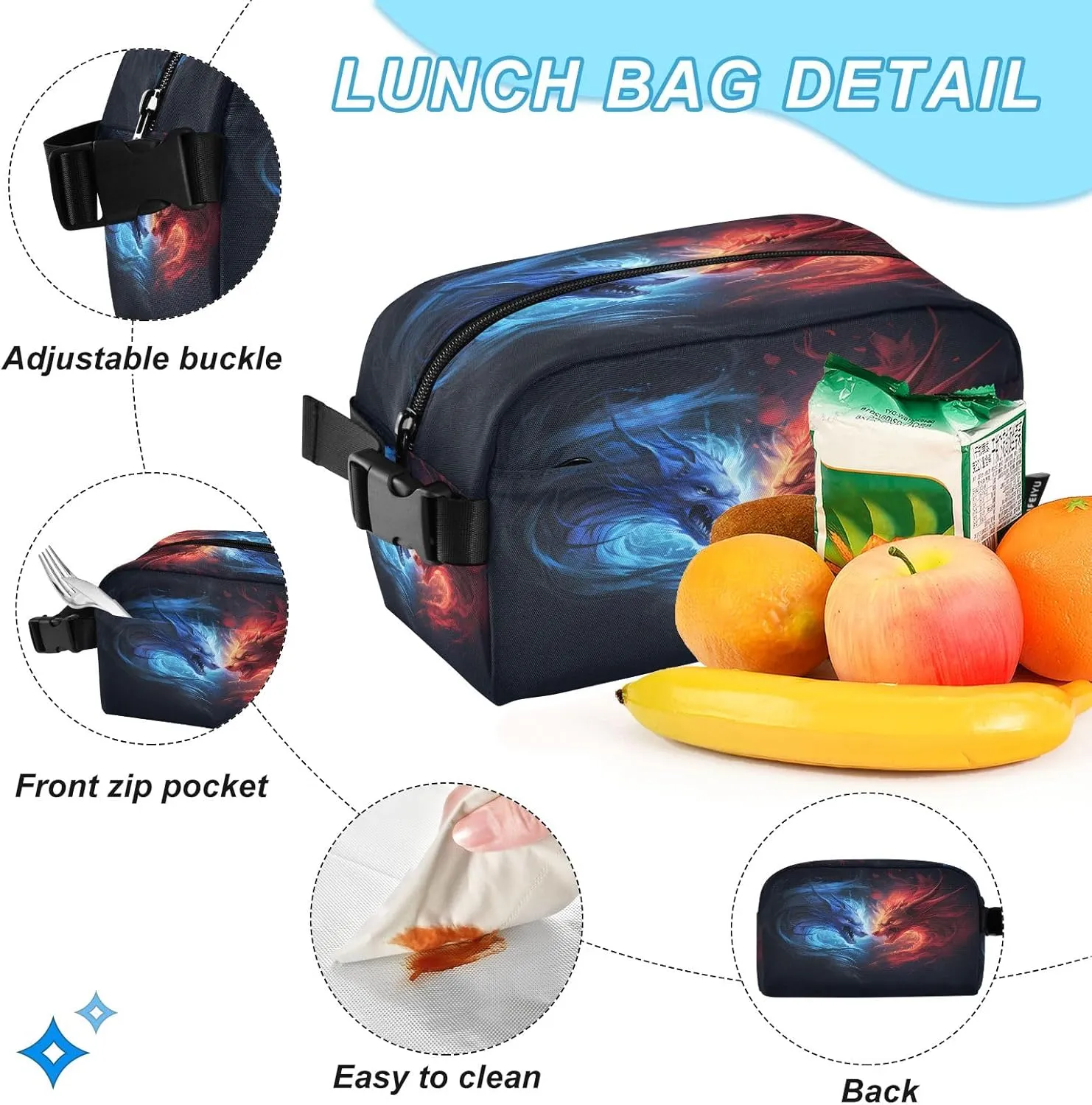 Couple Dragon Ice Fire Backpack for Kids Lightweight Travel Schoolbags with Lunch Box Set, A01E23037