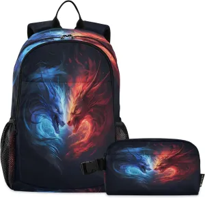 Couple Dragon Ice Fire Backpack for Kids Lightweight Travel Schoolbags with Lunch Box Set, A01E23037