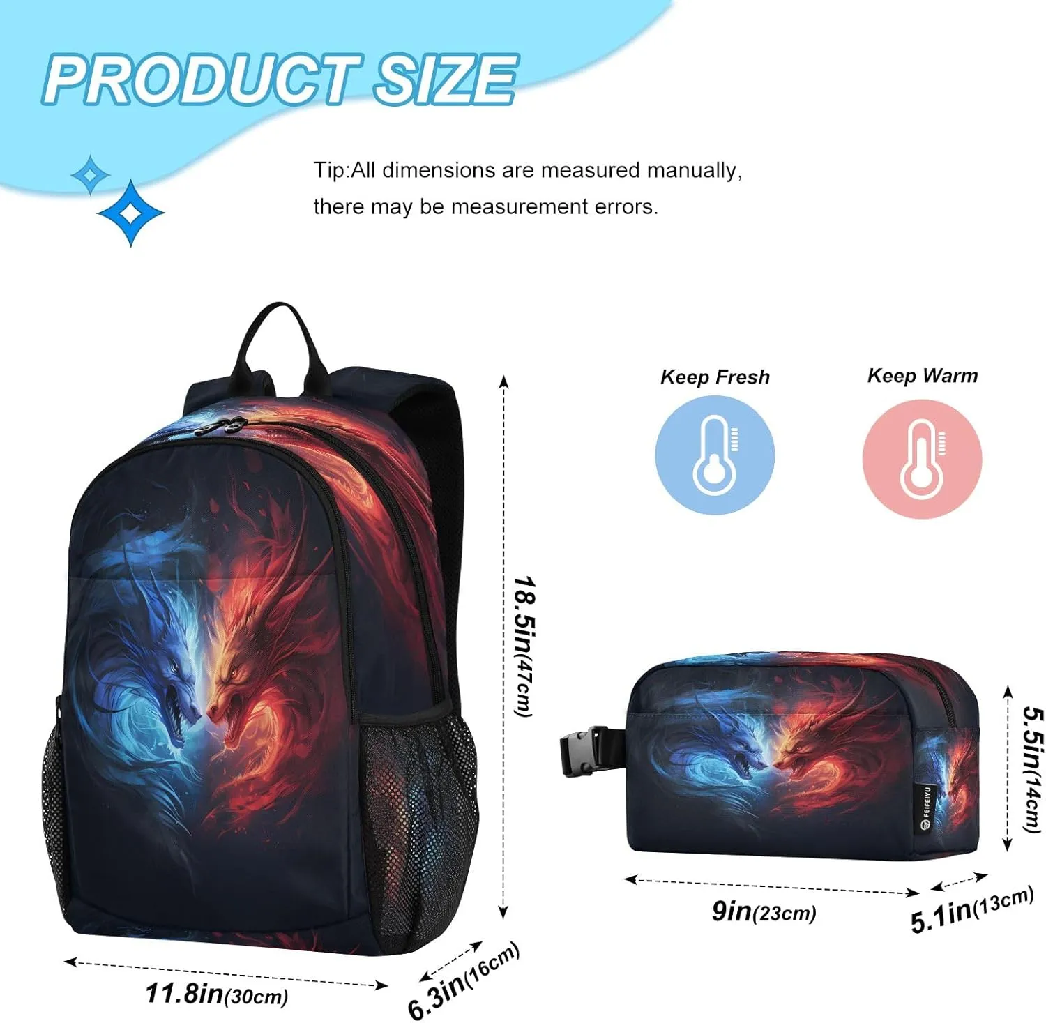 Couple Dragon Ice Fire Backpack for Kids Lightweight Travel Schoolbags with Lunch Box Set, A01E23037