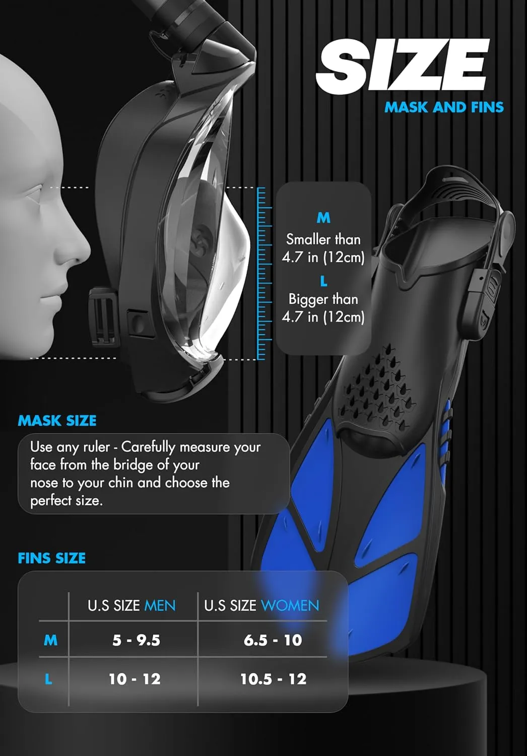 COZIA DESIGN Snorkeling Gear for Adults with Fins - Full Face Snorkel Mask and Swim Fins, 180° Panoramic View Snorkel Mask, Anti Fog and Anti Leak Adult Snorkel Set