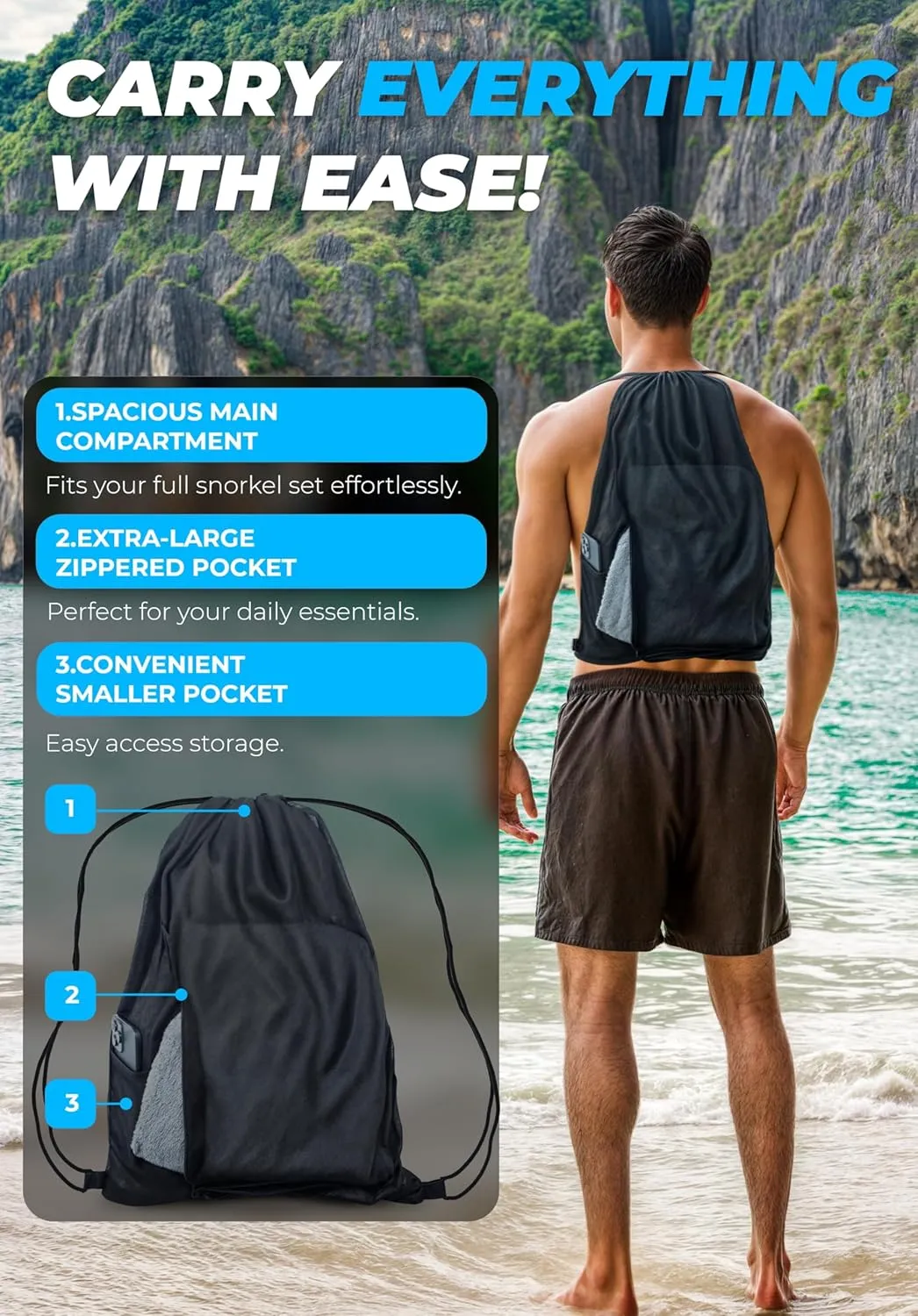 COZIA DESIGN Snorkeling Gear for Adults with Fins - Full Face Snorkel Mask and Swim Fins, 180° Panoramic View Snorkel Mask, Anti Fog and Anti Leak Adult Snorkel Set