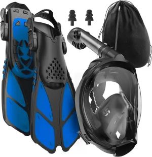 COZIA DESIGN Snorkeling Gear for Adults with Fins - Full Face Snorkel Mask and Swim Fins, 180° Panoramic View Snorkel Mask, Anti Fog and Anti Leak Adult Snorkel Set