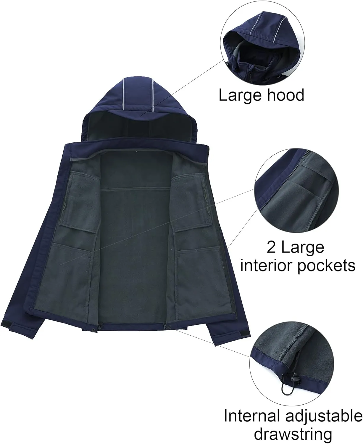 CREATMO US Men's Softshell Military Jacket With Removable Hood, Fleece Lined and Water Repellent Outdoor Reflective Coat