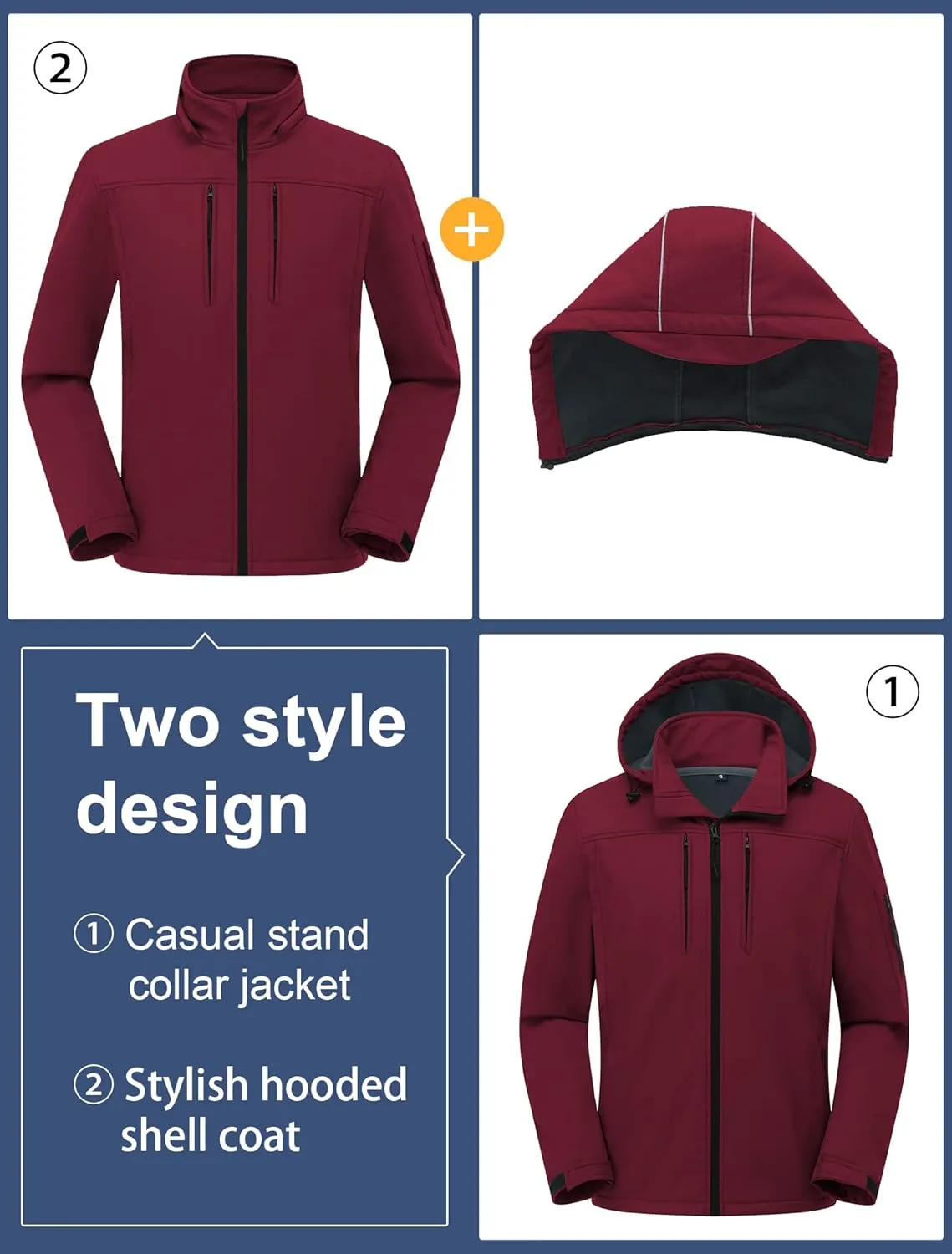 CREATMO US Men's Softshell Military Jacket With Removable Hood, Fleece Lined and Water Repellent Outdoor Reflective Coat