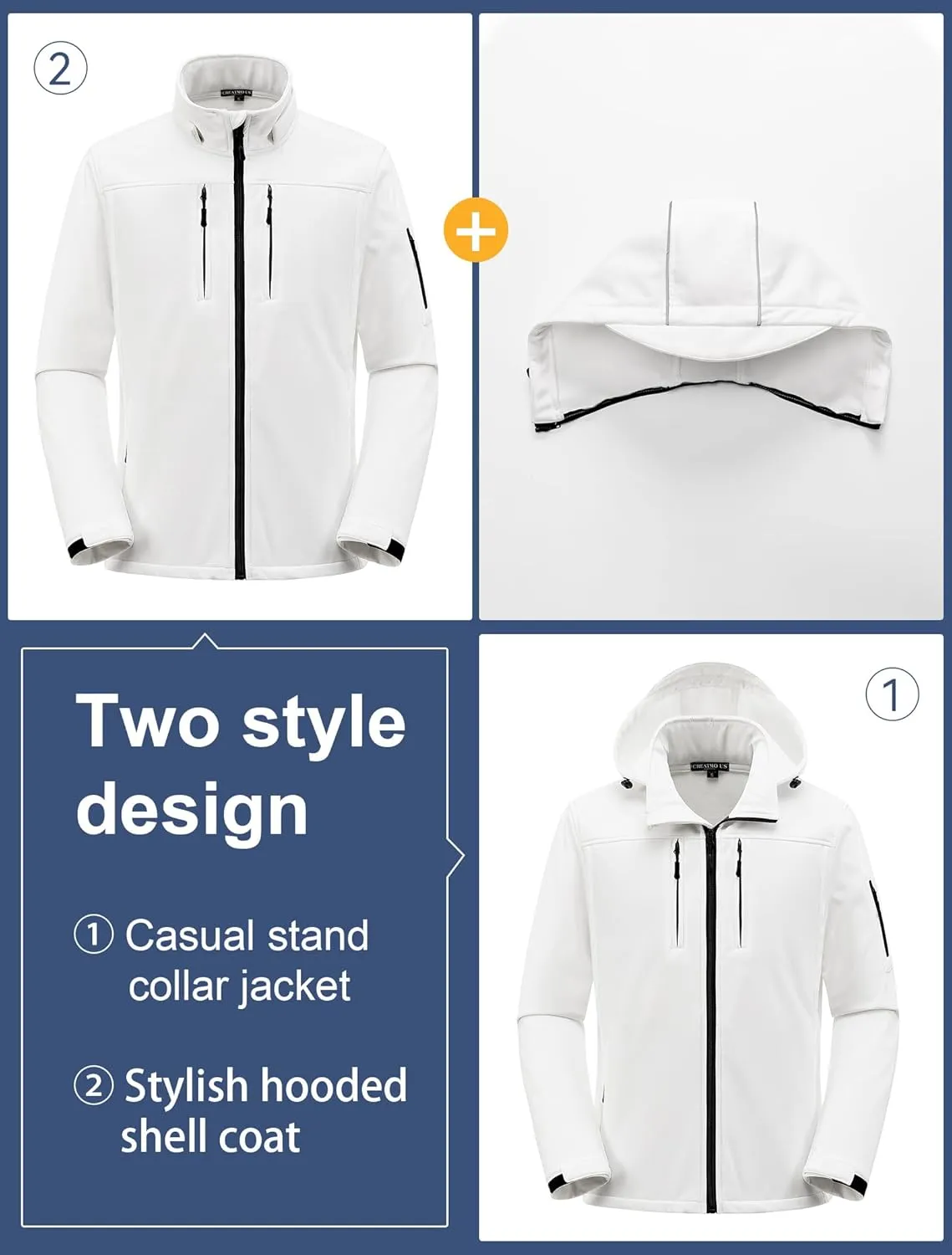 CREATMO US Men's Softshell Military Jacket With Removable Hood, Fleece Lined and Water Repellent Outdoor Reflective Coat