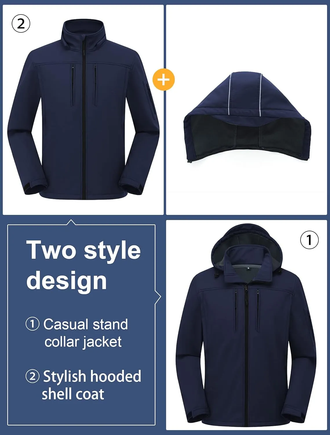 CREATMO US Men's Softshell Military Jacket With Removable Hood, Fleece Lined and Water Repellent Outdoor Reflective Coat