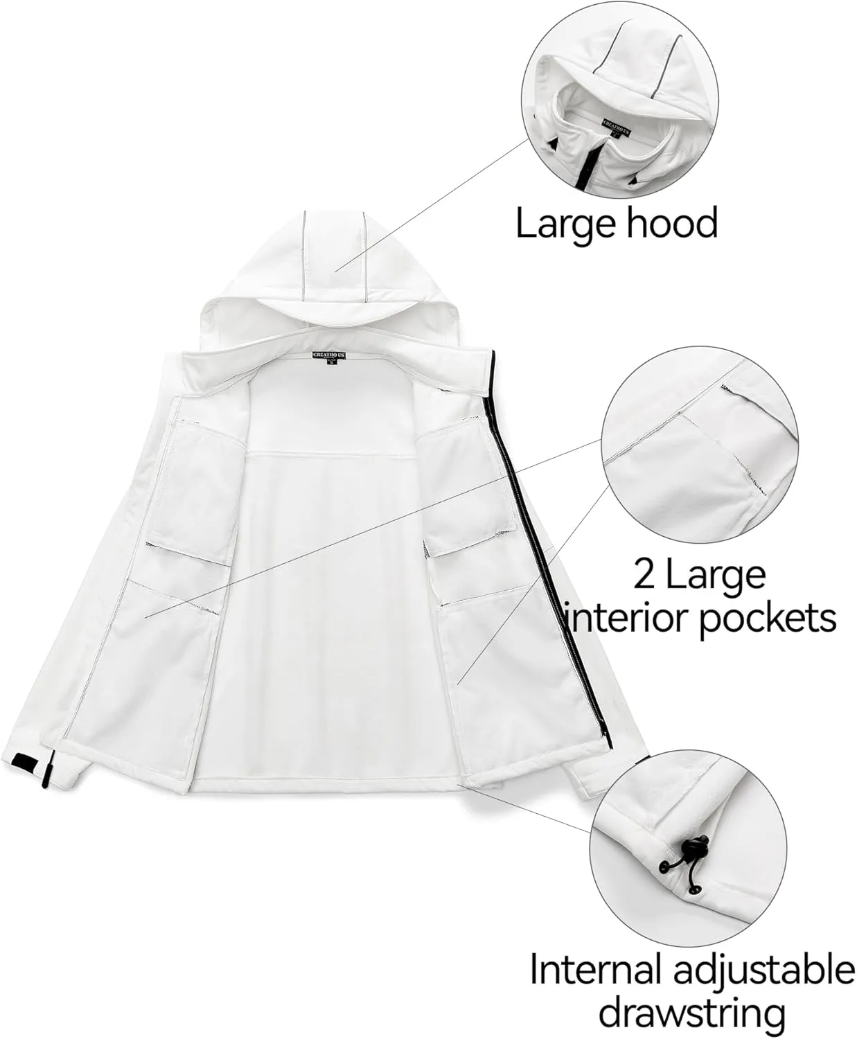 CREATMO US Men's Softshell Military Jacket With Removable Hood, Fleece Lined and Water Repellent Outdoor Reflective Coat