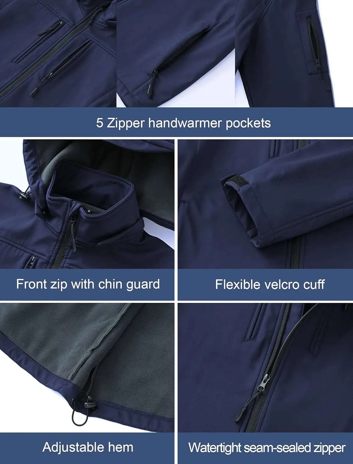 CREATMO US Men's Softshell Military Jacket With Removable Hood, Fleece Lined and Water Repellent Outdoor Reflective Coat