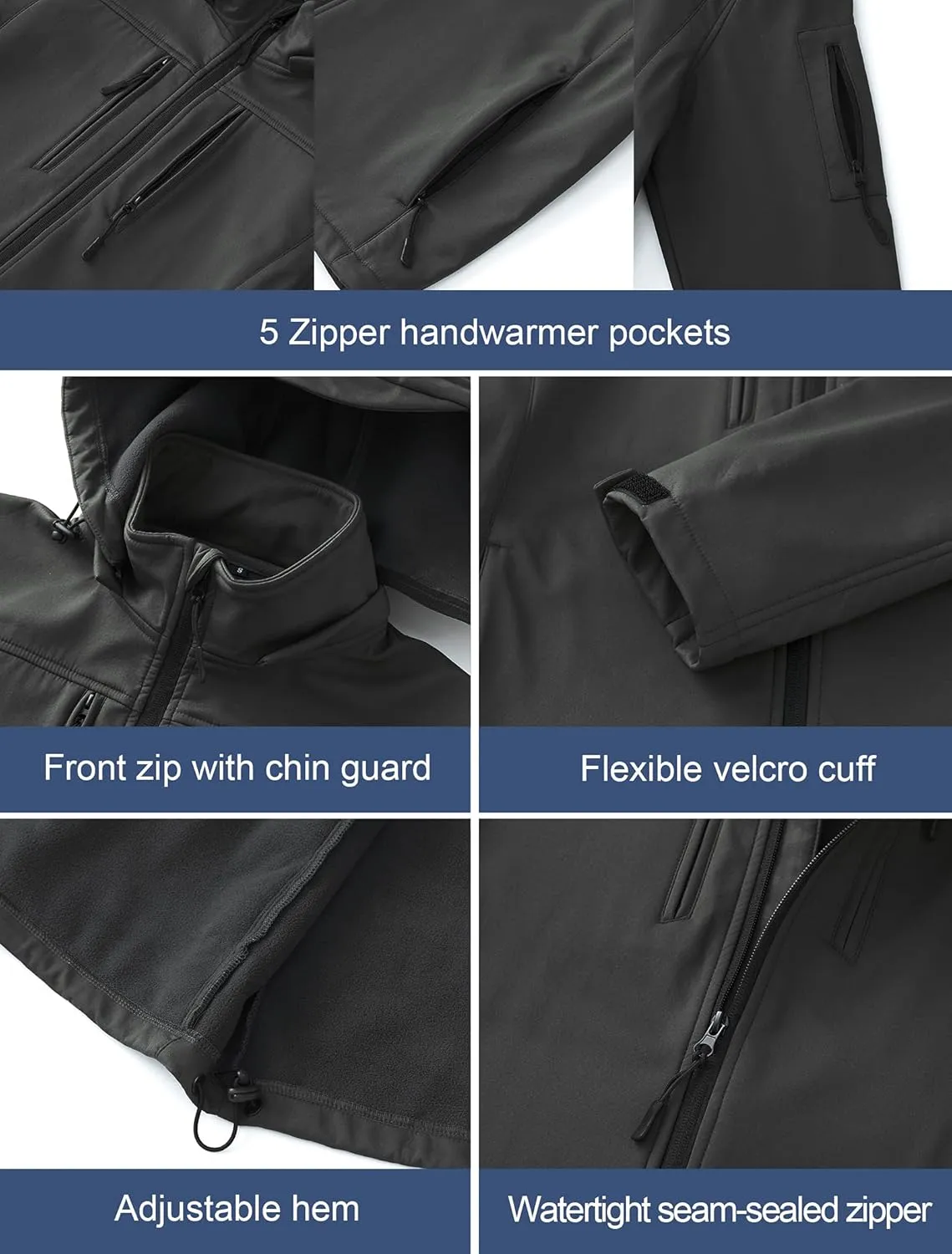 CREATMO US Men's Softshell Military Jacket With Removable Hood, Fleece Lined and Water Repellent Outdoor Reflective Coat