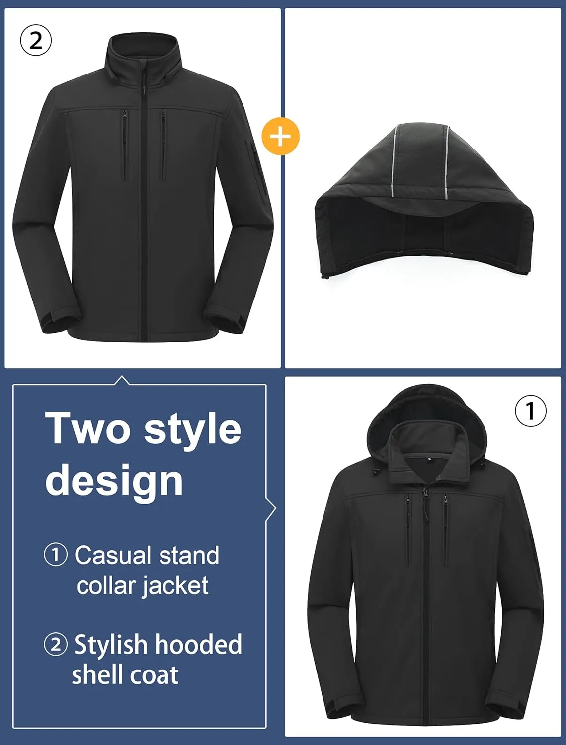 CREATMO US Men's Softshell Military Jacket With Removable Hood, Fleece Lined and Water Repellent Outdoor Reflective Coat