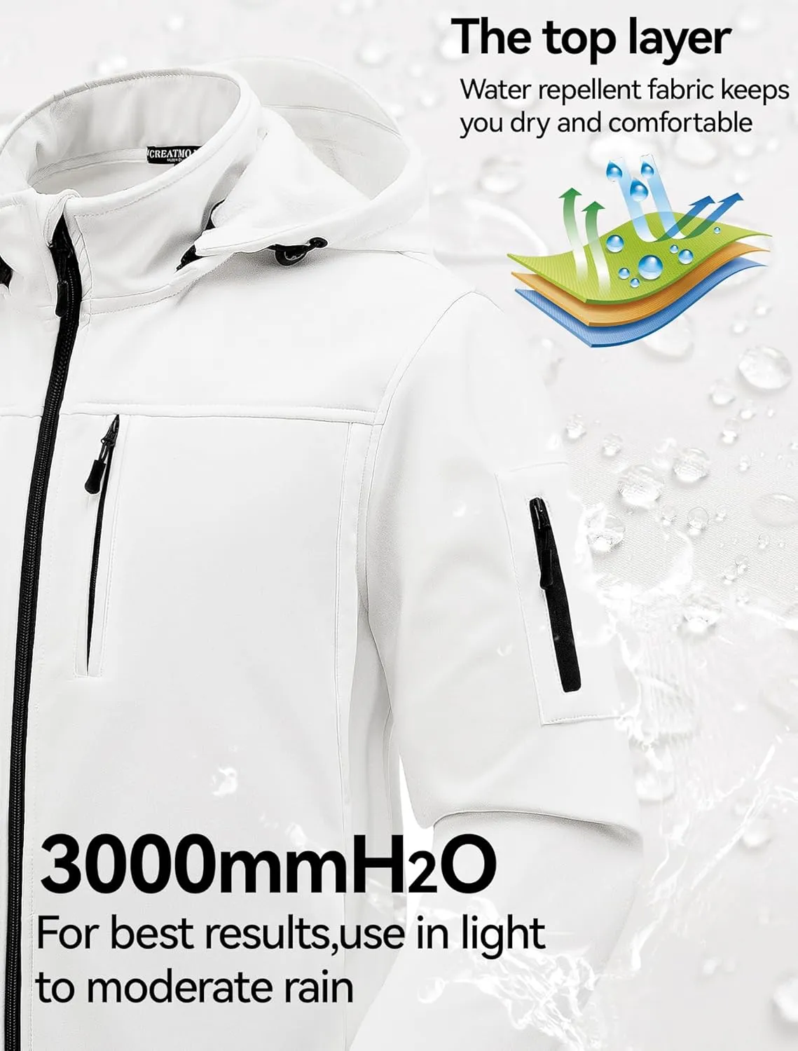 CREATMO US Men's Softshell Military Jacket With Removable Hood, Fleece Lined and Water Repellent Outdoor Reflective Coat
