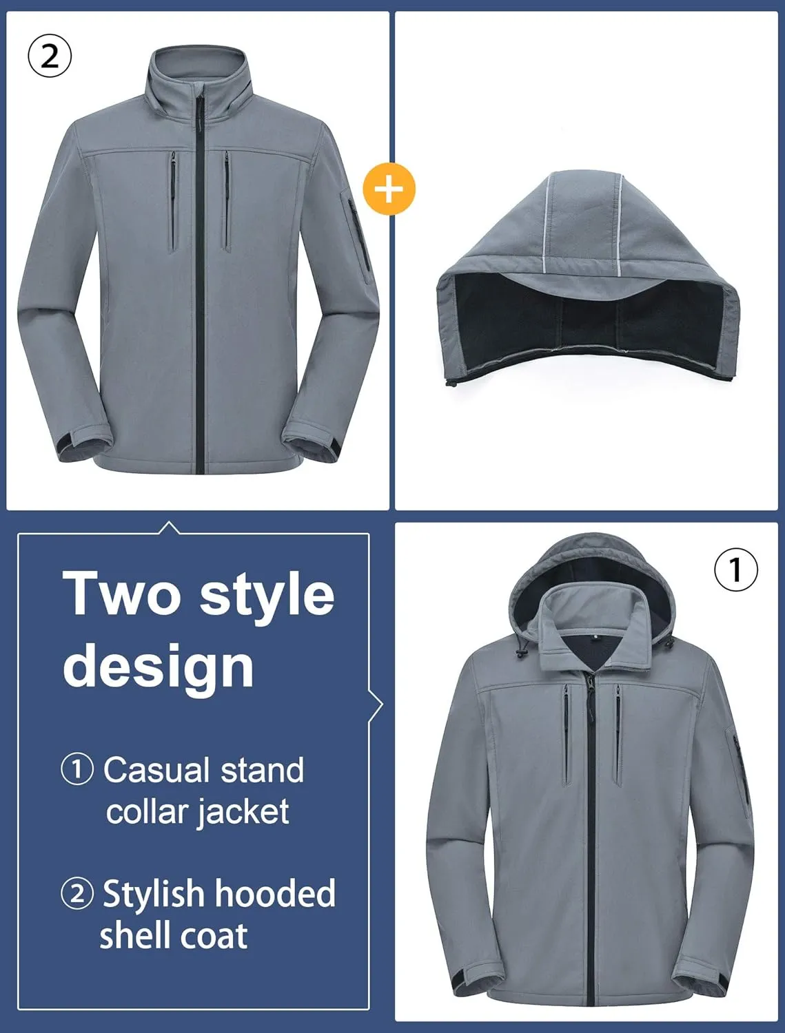 CREATMO US Men's Softshell Military Jacket With Removable Hood, Fleece Lined and Water Repellent Outdoor Reflective Coat