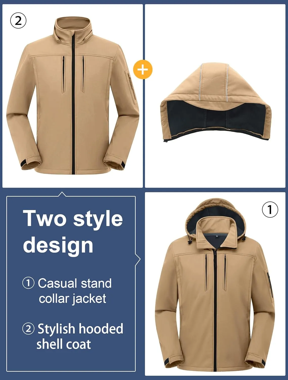 CREATMO US Men's Softshell Military Jacket With Removable Hood, Fleece Lined and Water Repellent Outdoor Reflective Coat