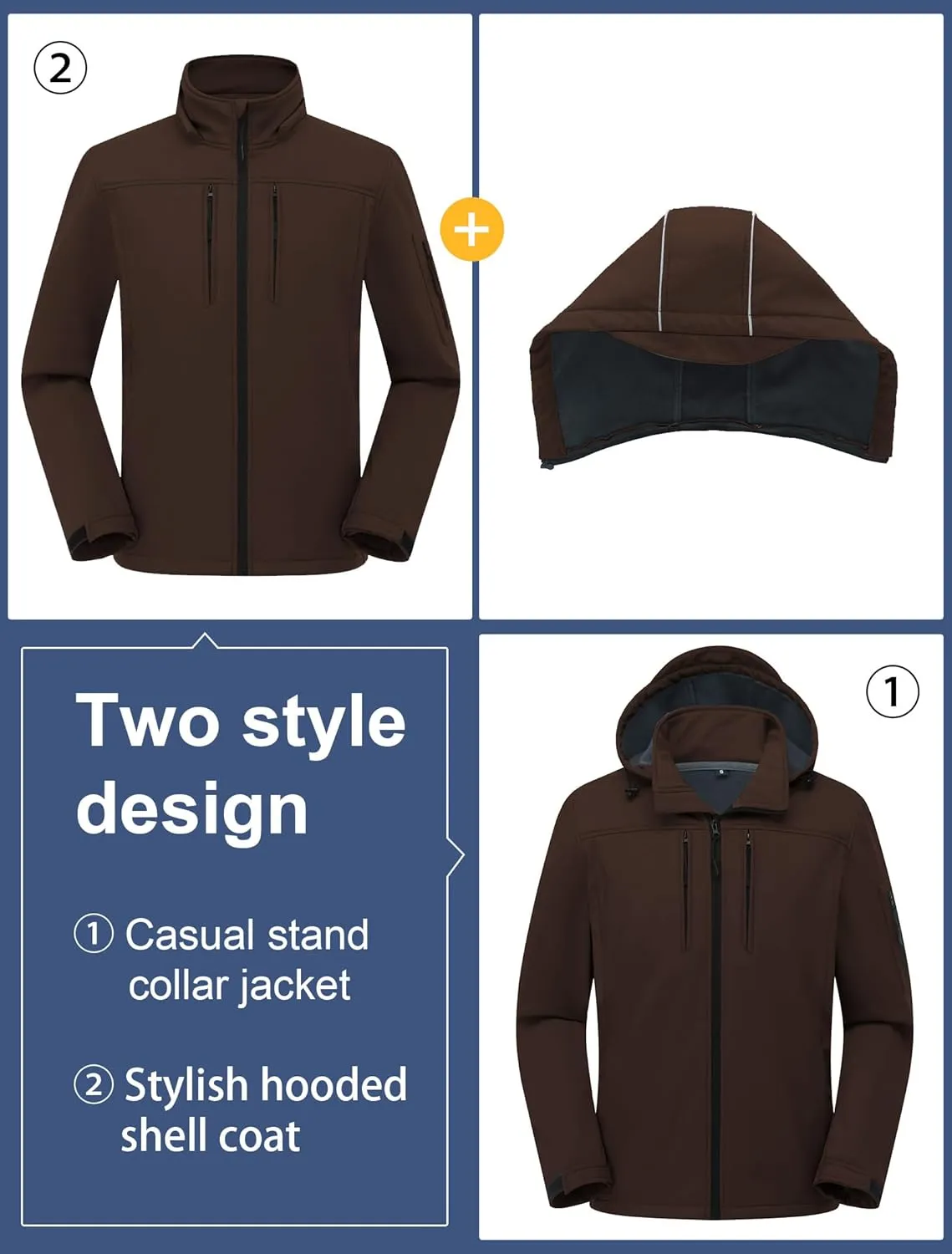 CREATMO US Men's Softshell Military Jacket With Removable Hood, Fleece Lined and Water Repellent Outdoor Reflective Coat