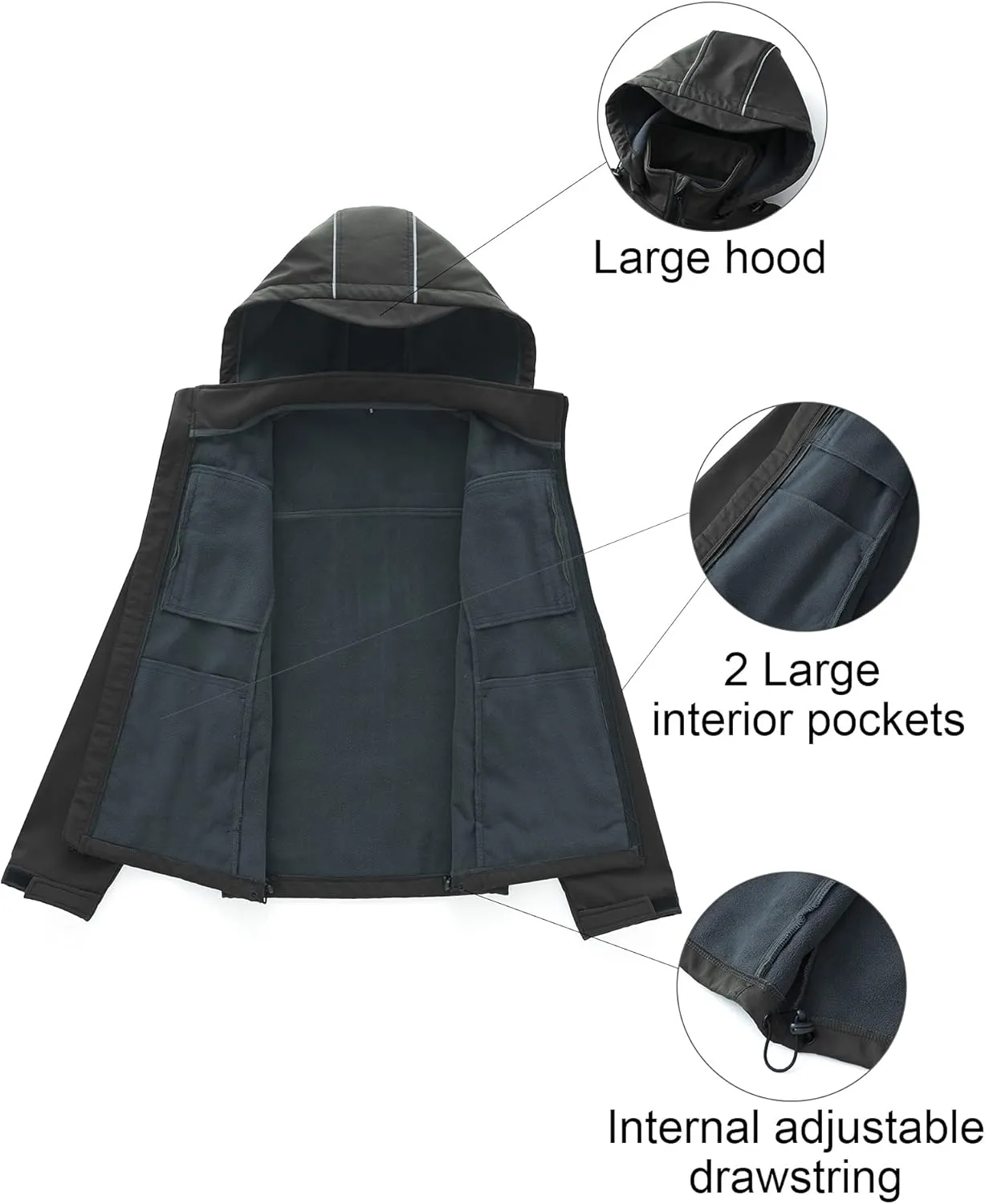 CREATMO US Men's Softshell Military Jacket With Removable Hood, Fleece Lined and Water Repellent Outdoor Reflective Coat
