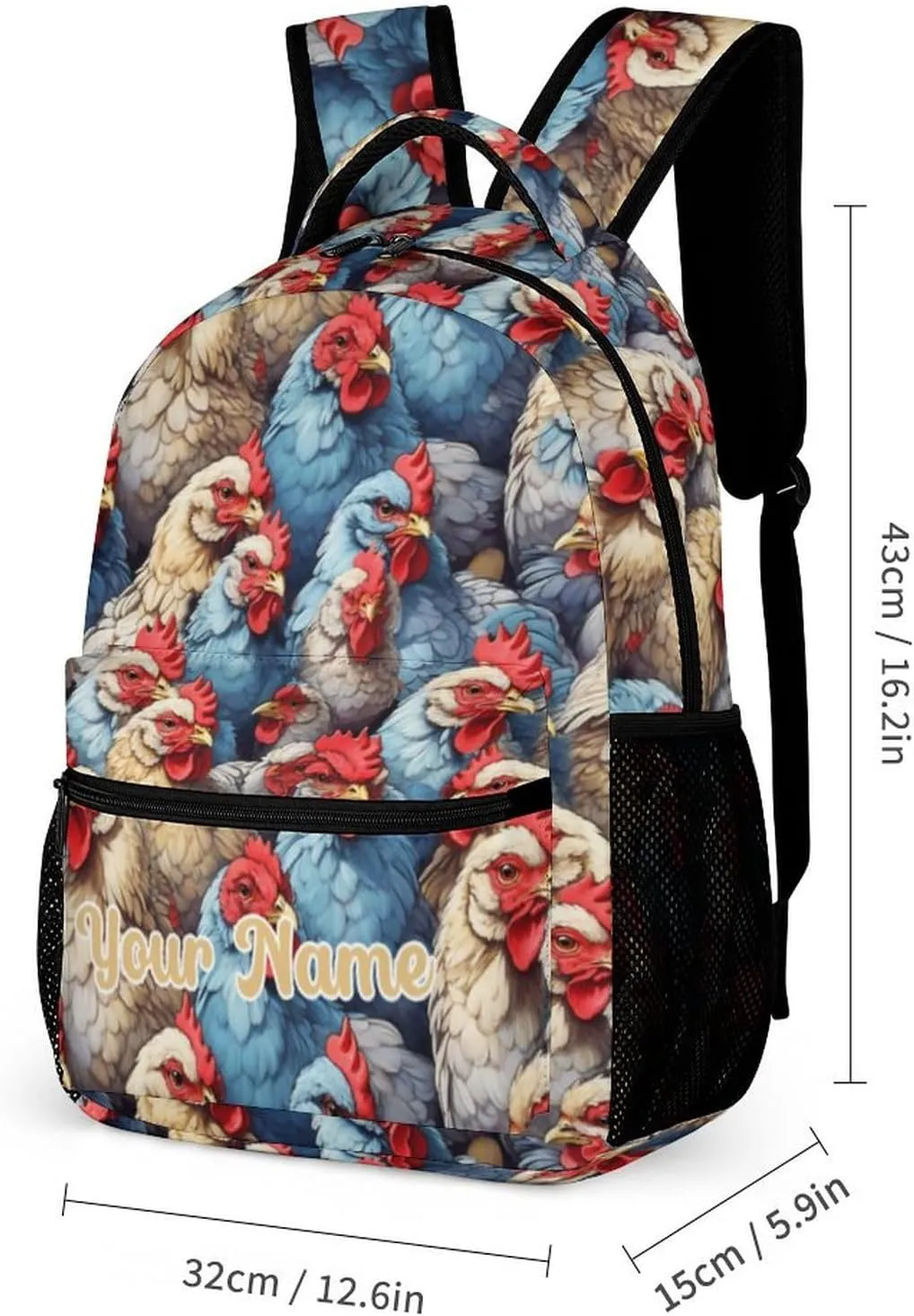 Custom Chicken Backpack with Lunch Box & Pencil Case, 16 Inch Cute Chicken Bookbag, Adjustable Lightweight Large Capacity, Chicken Backpack Set for Kids Girls Boys School