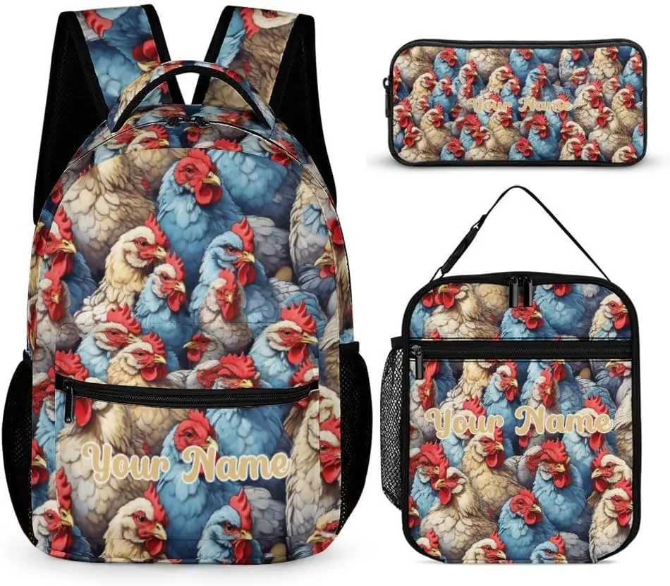 Custom Chicken Backpack with Lunch Box & Pencil Case, 16 Inch Cute Chicken Bookbag, Adjustable Lightweight Large Capacity, Chicken Backpack Set for Kids Girls Boys School