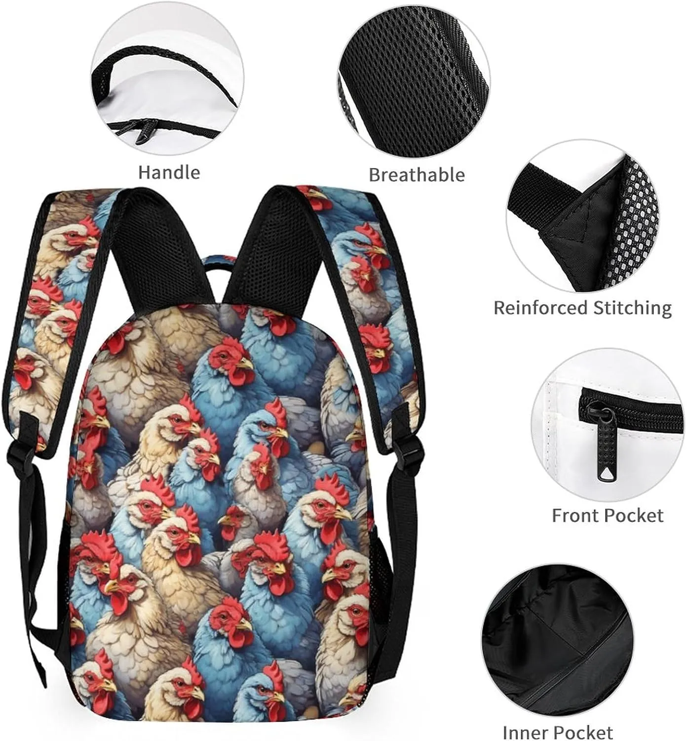 Custom Chicken Backpack with Lunch Box & Pencil Case, 16 Inch Cute Chicken Bookbag, Adjustable Lightweight Large Capacity, Chicken Backpack Set for Kids Girls Boys School