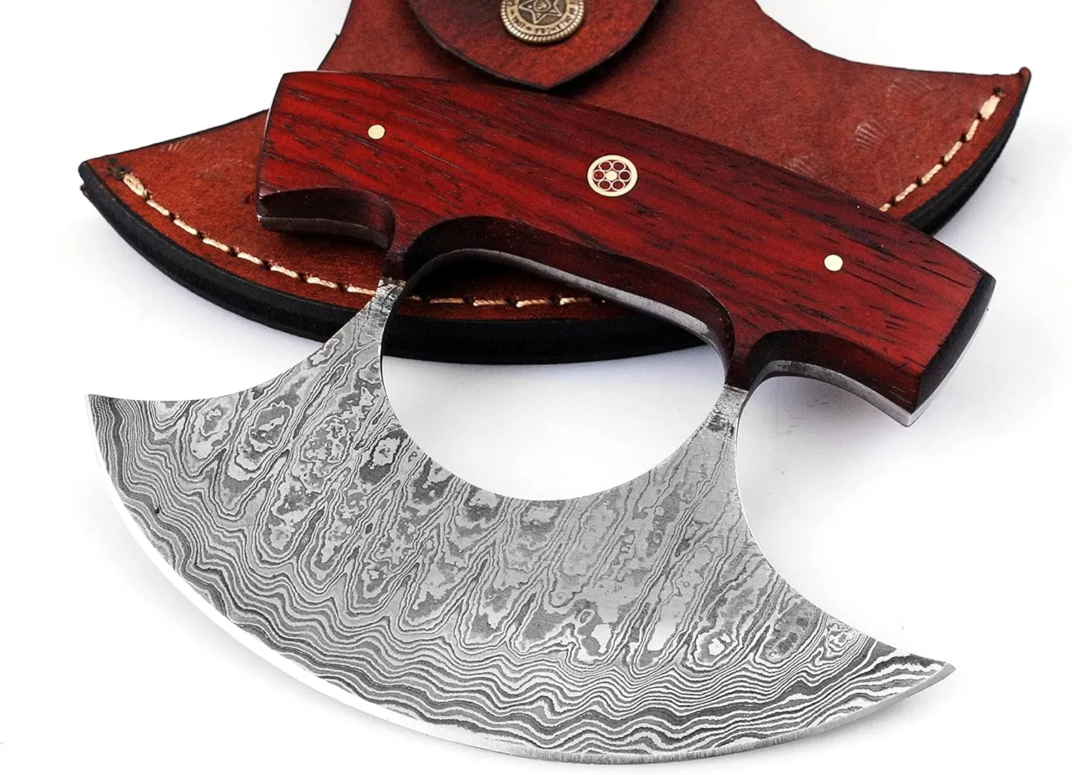Custom Handmade Damascus Steel Ulu Knife - Best Alaskan Damascus Ulu Knife With Sheath - Multi-Purpose Damascus Knives For Skinning, Hunting, Chopping, (Red Padauk)