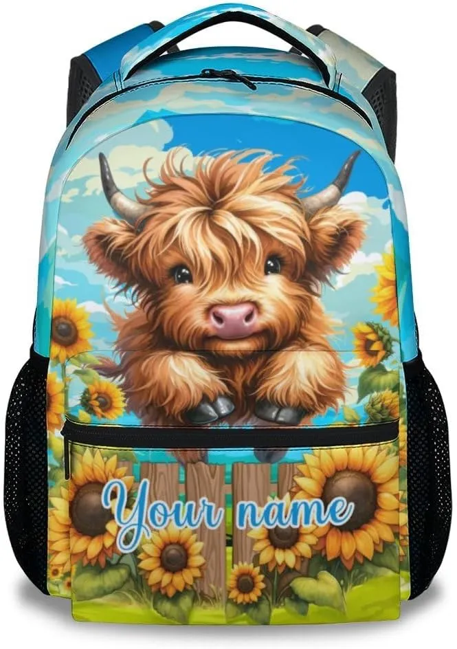 Custom Highland Cow Backpack for Girls, 17 Inch Brown Backpacks for Teens, Cute Sunflower Print Lightweight Bookbag for Women