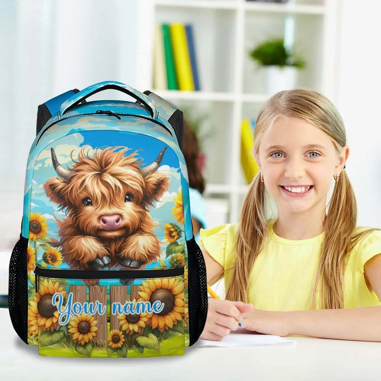 Custom Highland Cow Backpack for Girls, 17 Inch Brown Backpacks for Teens, Cute Sunflower Print Lightweight Bookbag for Women