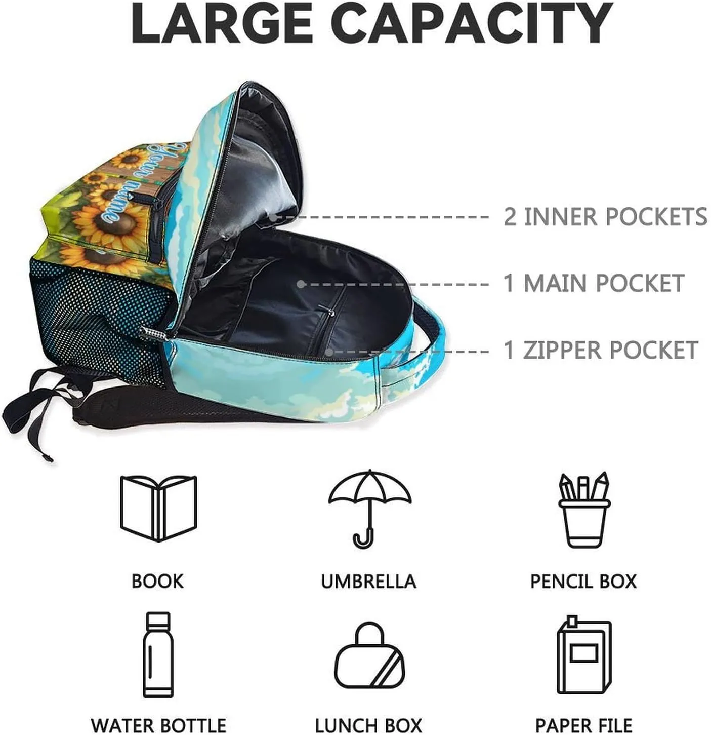 Custom Highland Cow Backpack for Girls, 17 Inch Brown Backpacks for Teens, Cute Sunflower Print Lightweight Bookbag for Women