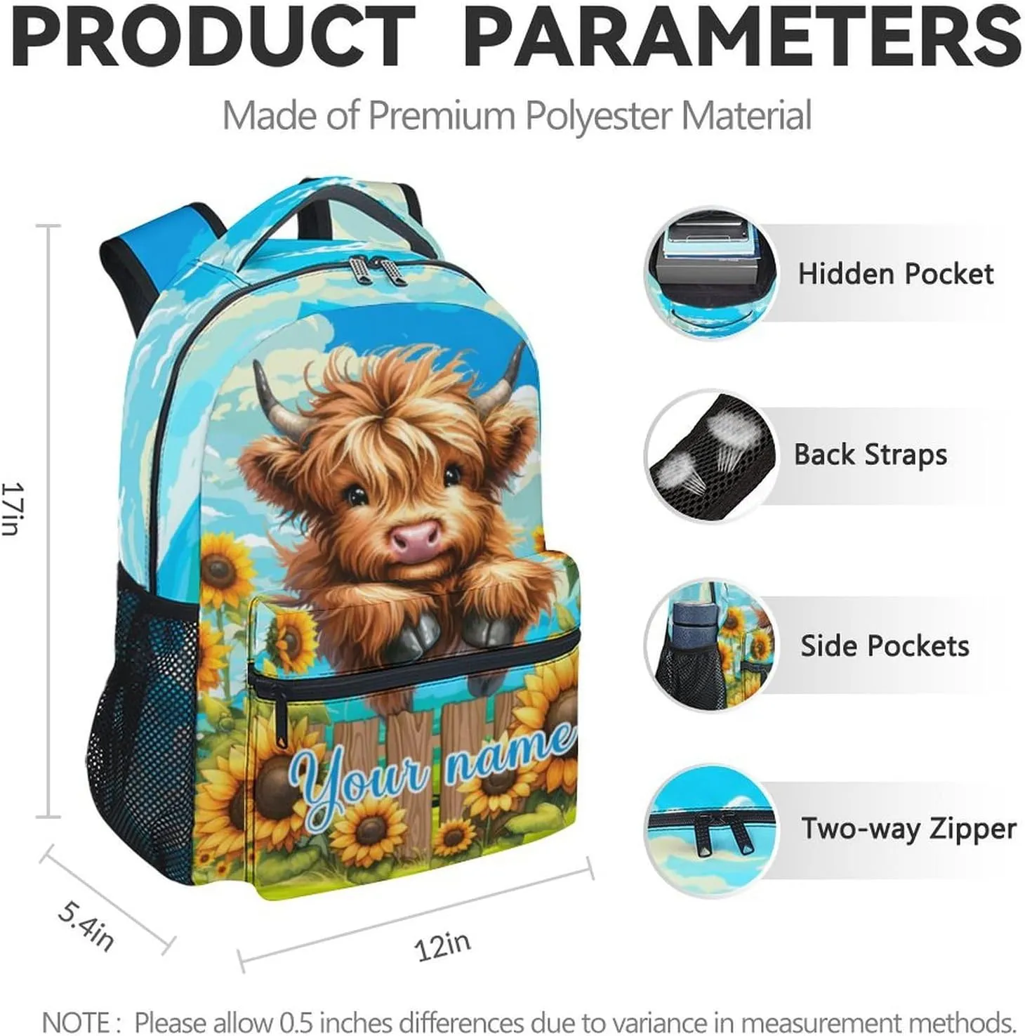Custom Highland Cow Backpack for Girls, 17 Inch Brown Backpacks for Teens, Cute Sunflower Print Lightweight Bookbag for Women