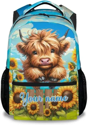 Custom Highland Cow Backpack for Girls, 17 Inch Brown Backpacks for Teens, Cute Sunflower Print Lightweight Bookbag for Women