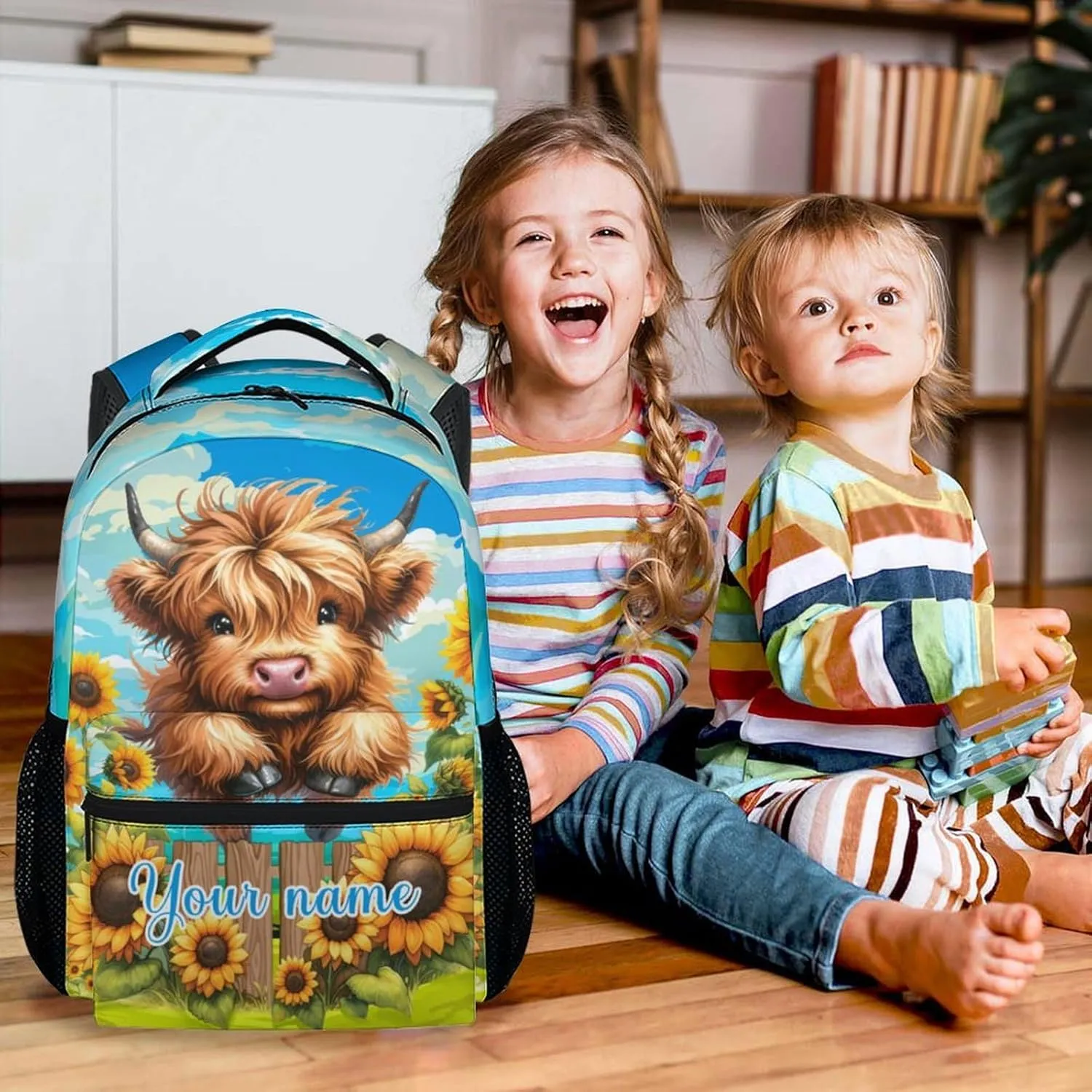 Custom Highland Cow Backpack for Girls, 17 Inch Brown Backpacks for Teens, Cute Sunflower Print Lightweight Bookbag for Women