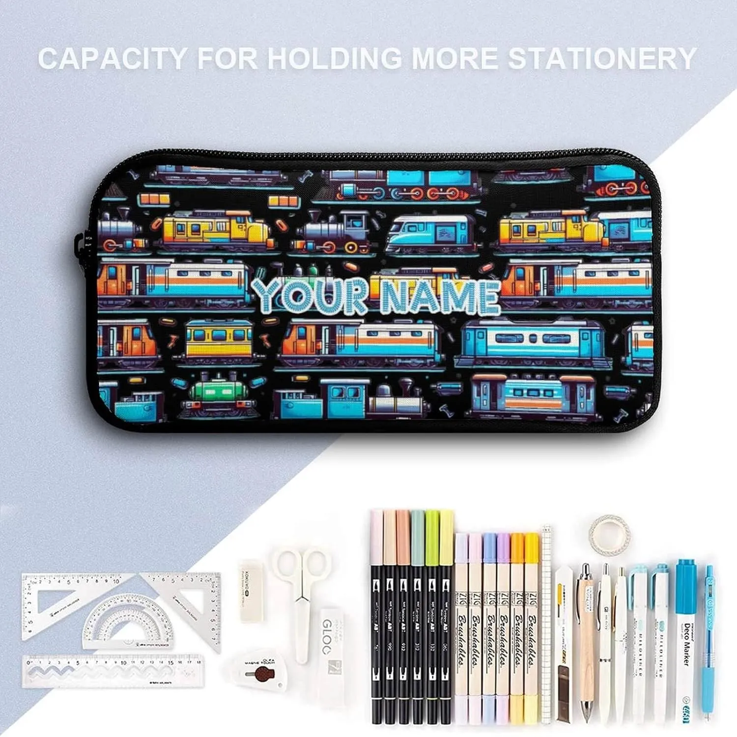 Custom Train Backpack with Lunch Box & Pencil Case for Kids Girls Boys School, 16 Inch Cute Train Bookbag, School Backpack for Students Children, Lightweight, Large Capacity