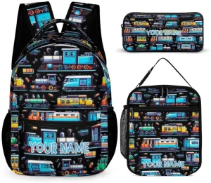 Custom Train Backpack with Lunch Box & Pencil Case for Kids Girls Boys School, 16 Inch Cute Train Bookbag, School Backpack for Students Children, Lightweight, Large Capacity