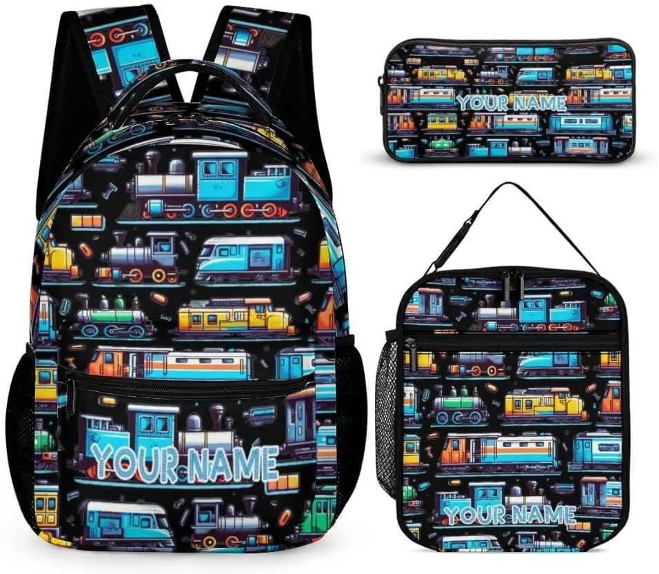 Custom Train Backpack with Lunch Box & Pencil Case for Kids Girls Boys School, 16 Inch Cute Train Bookbag, School Backpack for Students Children, Lightweight, Large Capacity