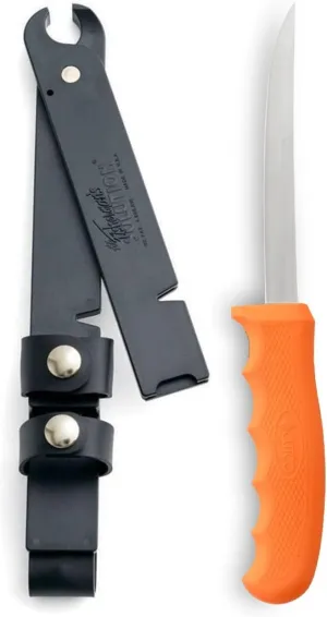 CUTCO Fisherman's Solution #5721 with 6 - 9" Adjustable Blade and 5.4" ORANGE Handle. Pivoting sheath doubles as a gripper; built-in, notched line cutter and sharpening stone.