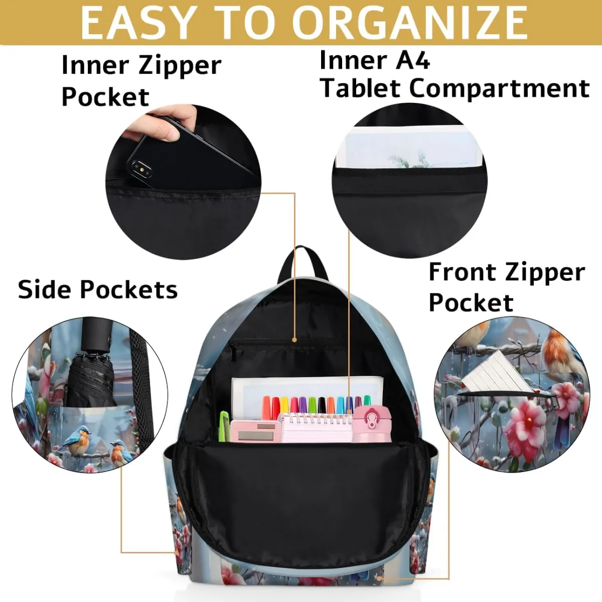 Cute Bird Kids Backpack for Boys Girls Winter Flower Preschool Toddler Backpack Kindergarten Nursery Bookbag Travel Children Lightweight School Bag