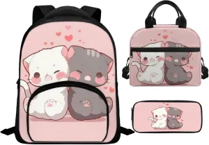 Cute Cat School Bags for Boys 4-6 Lightweight Backpack Set of 3 with Lunch Box and Soft Pencil Case Lightweight Casual Daypack Bookbag for Kindergarten Students Travel Camping