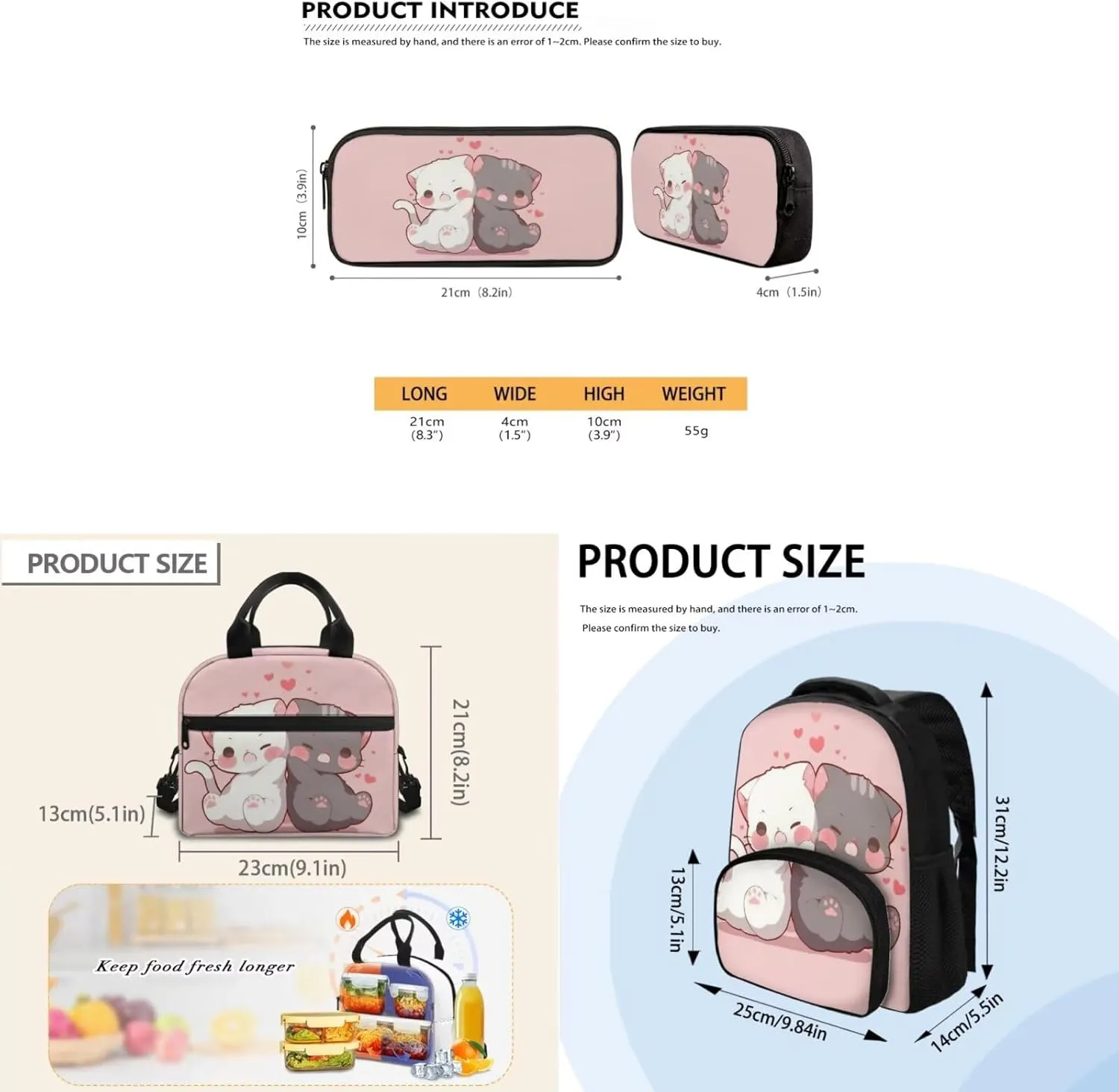 Cute Cat School Bags for Boys 4-6 Lightweight Backpack Set of 3 with Lunch Box and Soft Pencil Case Lightweight Casual Daypack Bookbag for Kindergarten Students Travel Camping