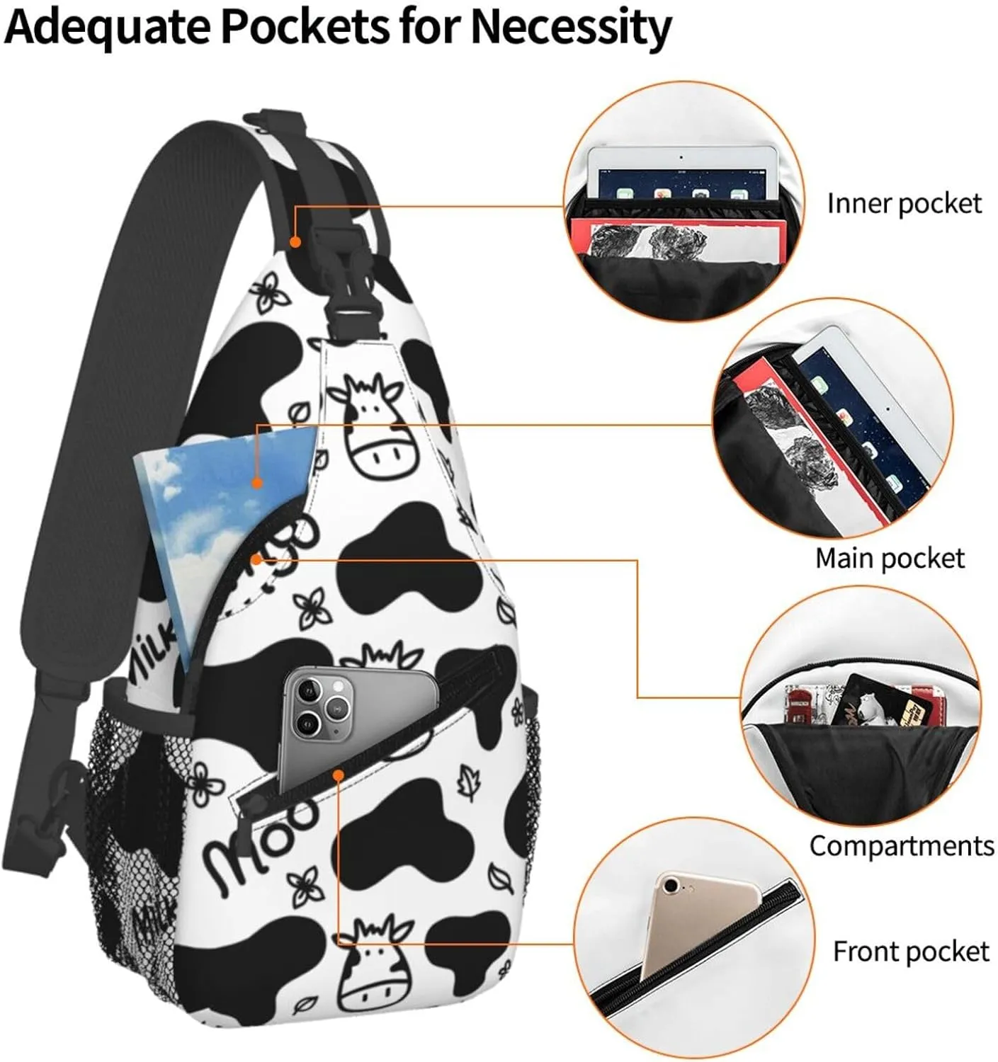 Cute Cow Crossbody Sling Backpack Sling Bag Adjustable Chest Shoulder Daypack For Women Men