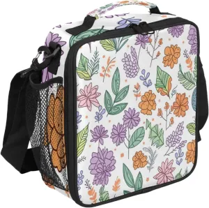 Cute Flowers Insulated Lunch Bag Varicolored Flowers Kids Lunch Box Reusable Leakproof Lunch Bag for Girls Boys Cooler Tote Bag with Adjustable Shoulder Strap for School Picnic Work Travel Outdoor