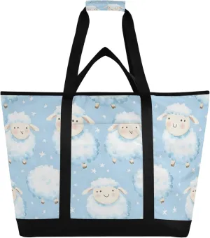 Cute Sheep Reusable Insulated Cooler Bag with Ice Pack Compartment - Large 47L Waterproof Thermal Grocery Tote for Picnic Beach Camping Lunch Storage